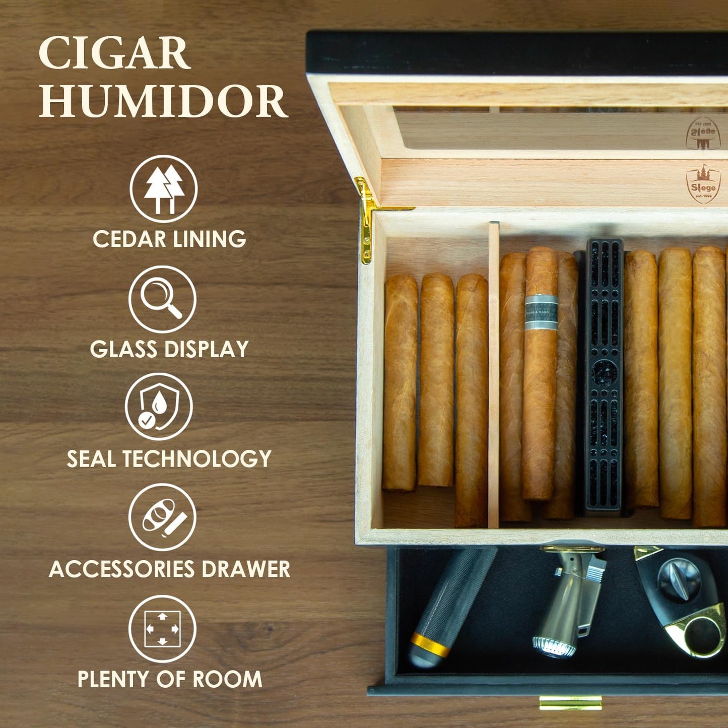 Zigarren-Humidor-Box mit Befeuchter & Hygrometer, Schwarz 10-50
