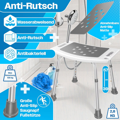 Höhenverstellbarer Duschhocker mit Haltegriff, Weiß / Grau