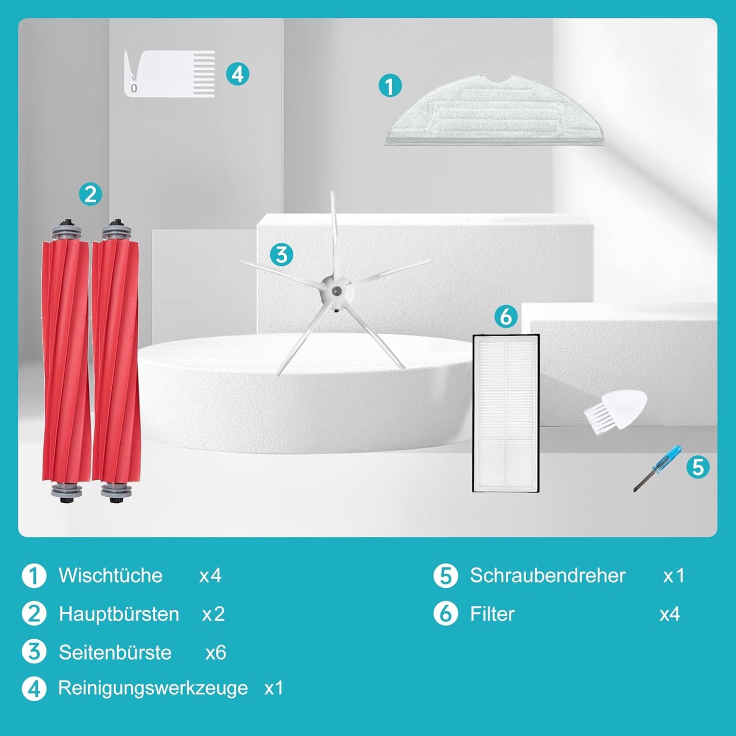 17-teiliges Ersatzteile-Set für Roborock S7 Staubsauger, S7 Kit Weiss Seitenbürsten