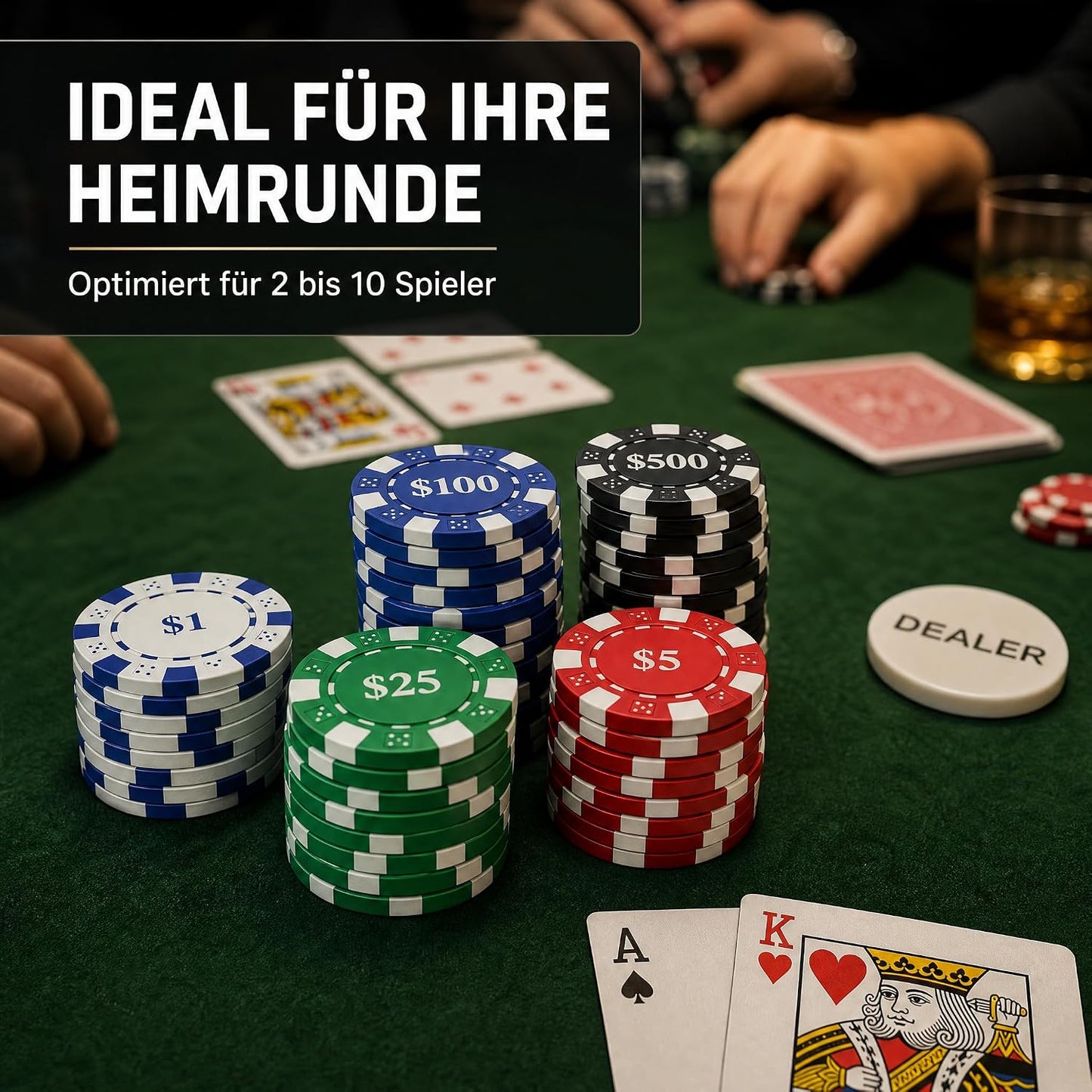 Pokerkoffer für 10 Spieler, 500 Chips mit Zahlen