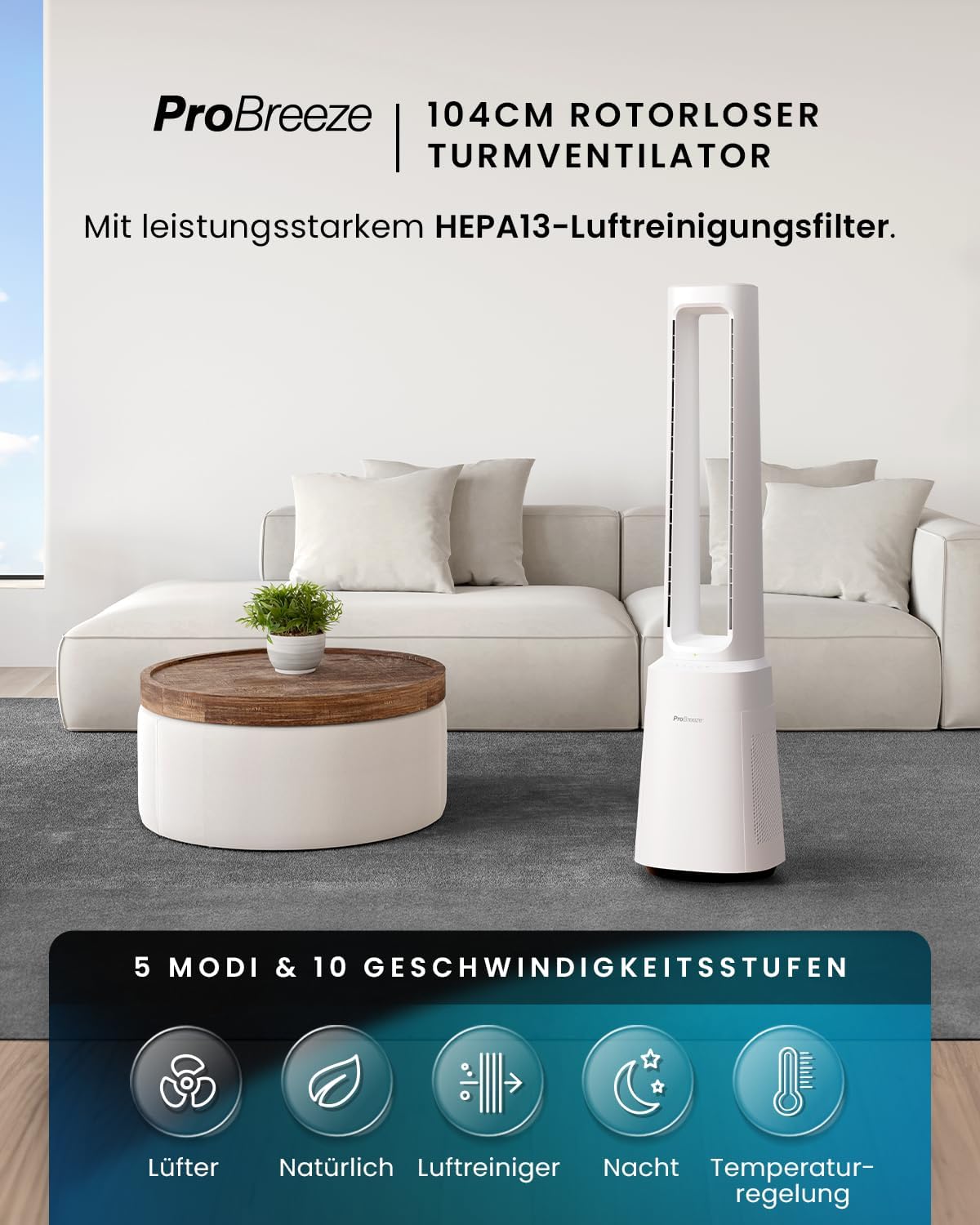 OmniAir Turmventilator mit Luftreiniger, Ohne App / Weiss