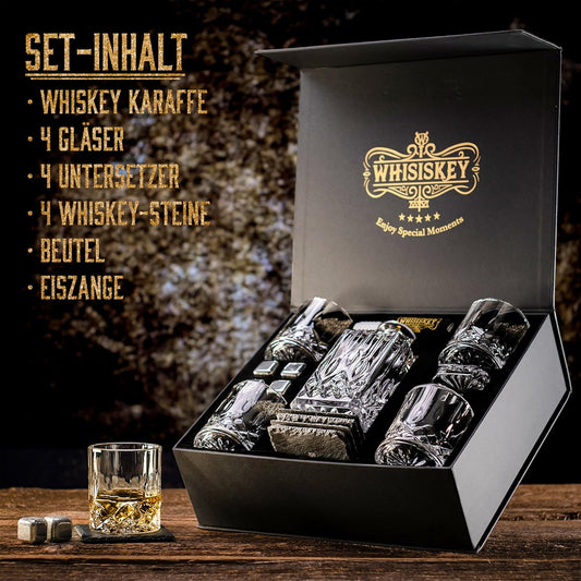 Whiskey Karaffe Geschenkset mit Gläser & Steinen, 4 Gläser