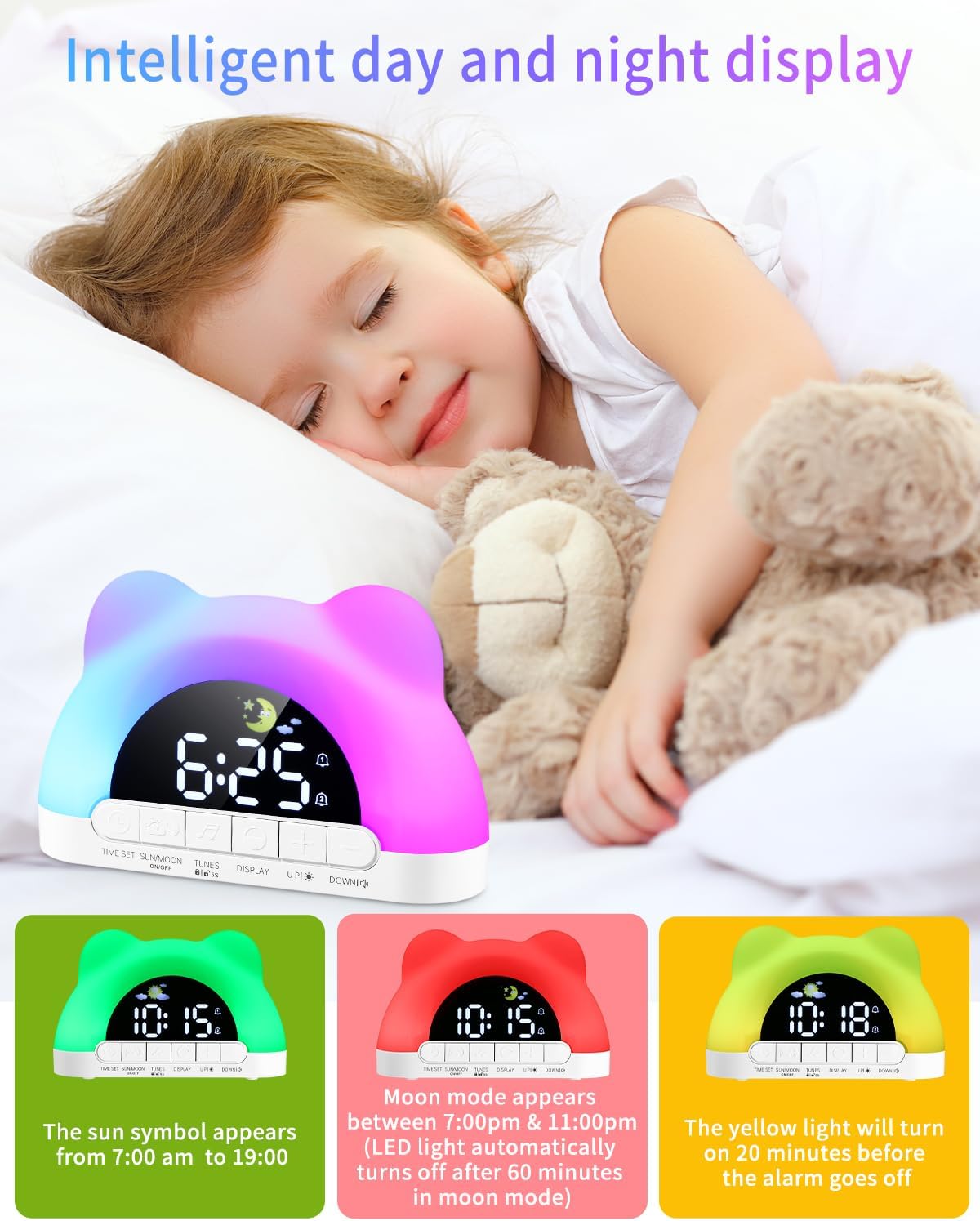 Wecker für Kinder mit 10 Klängen & 11 RGB-Farben, Bunt