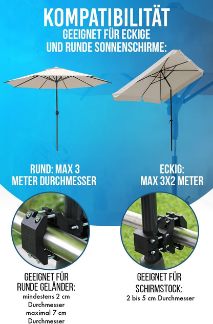 Sonnenschirmhalter für Balkon und Geländer, Schwarz