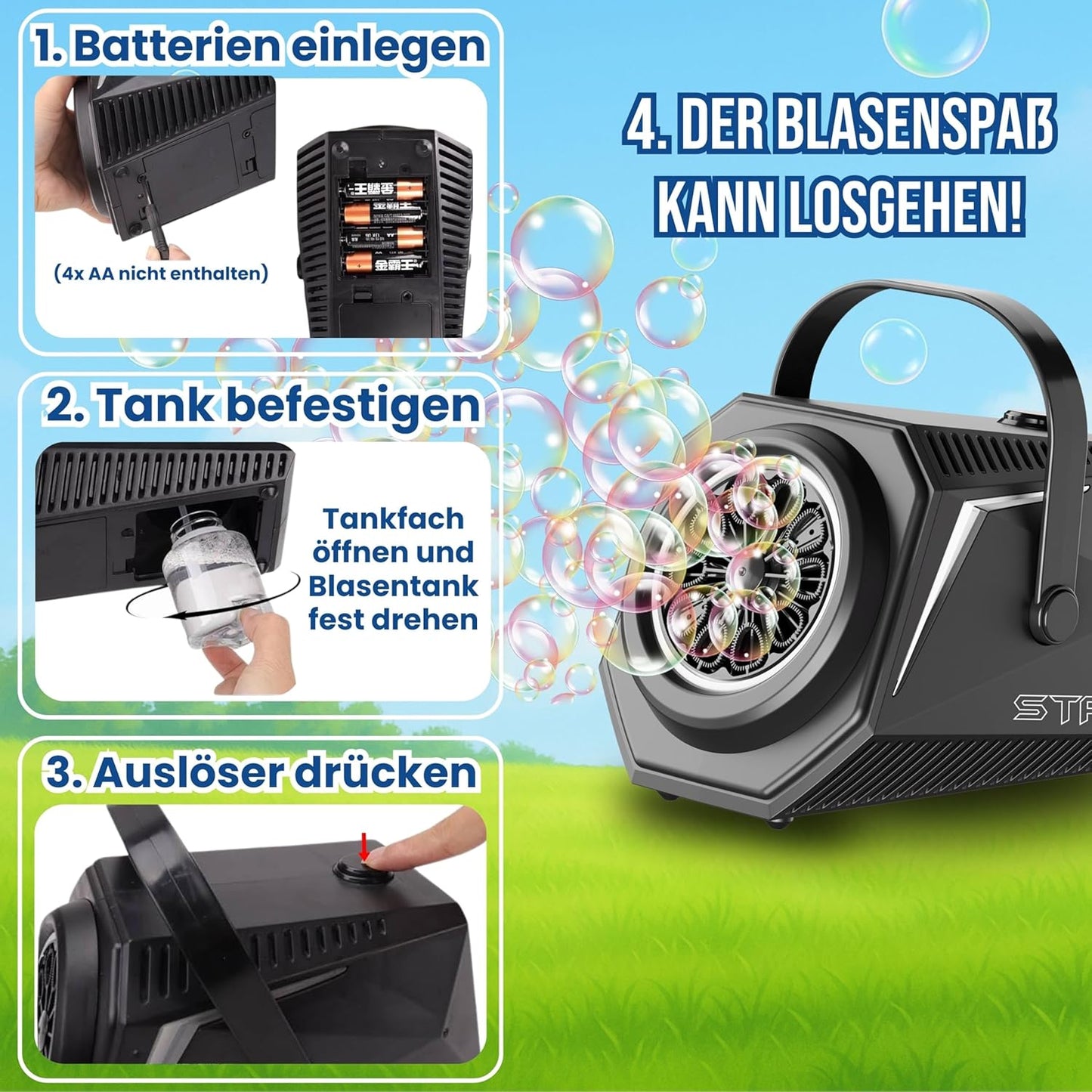 LED Seifenblasenmaschine mit 1L Flüssigkeit, Schwarz
