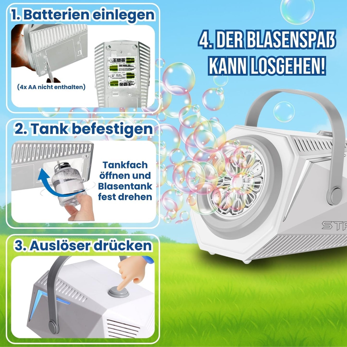 LED Seifenblasenmaschine mit 1L Flüssigkeit, Weiss