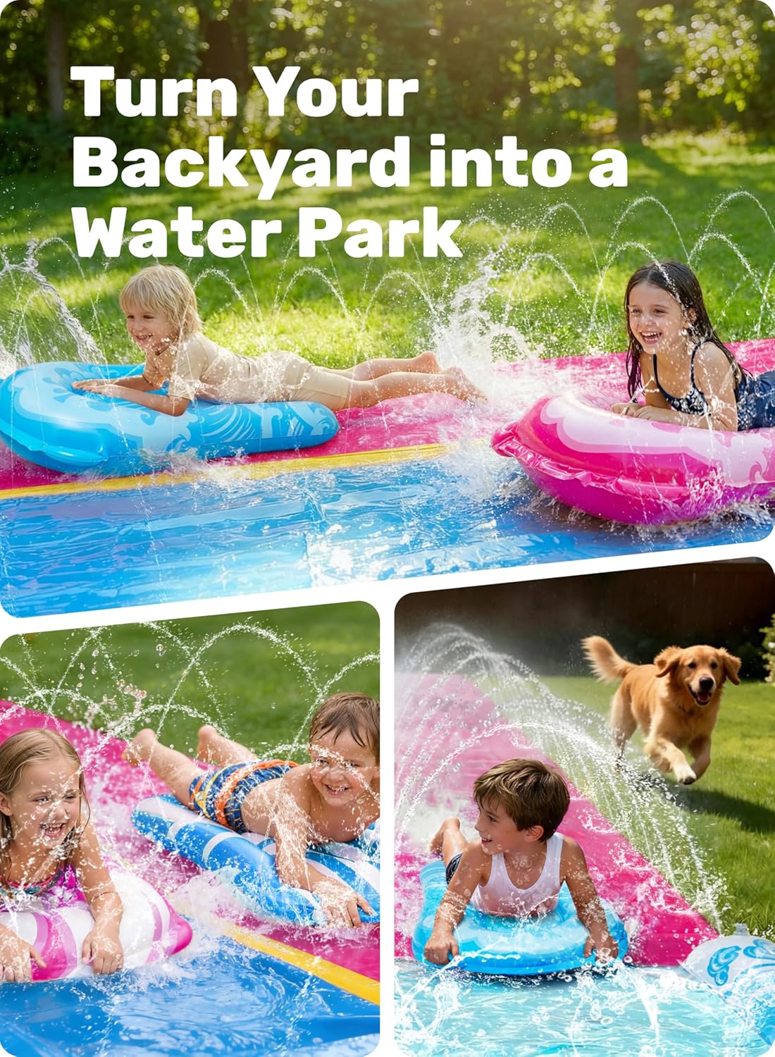 Extra lange Doppel-Wasserrutsche mit Sprinkler (32,5ft), 990.6cm Blau, Rosa