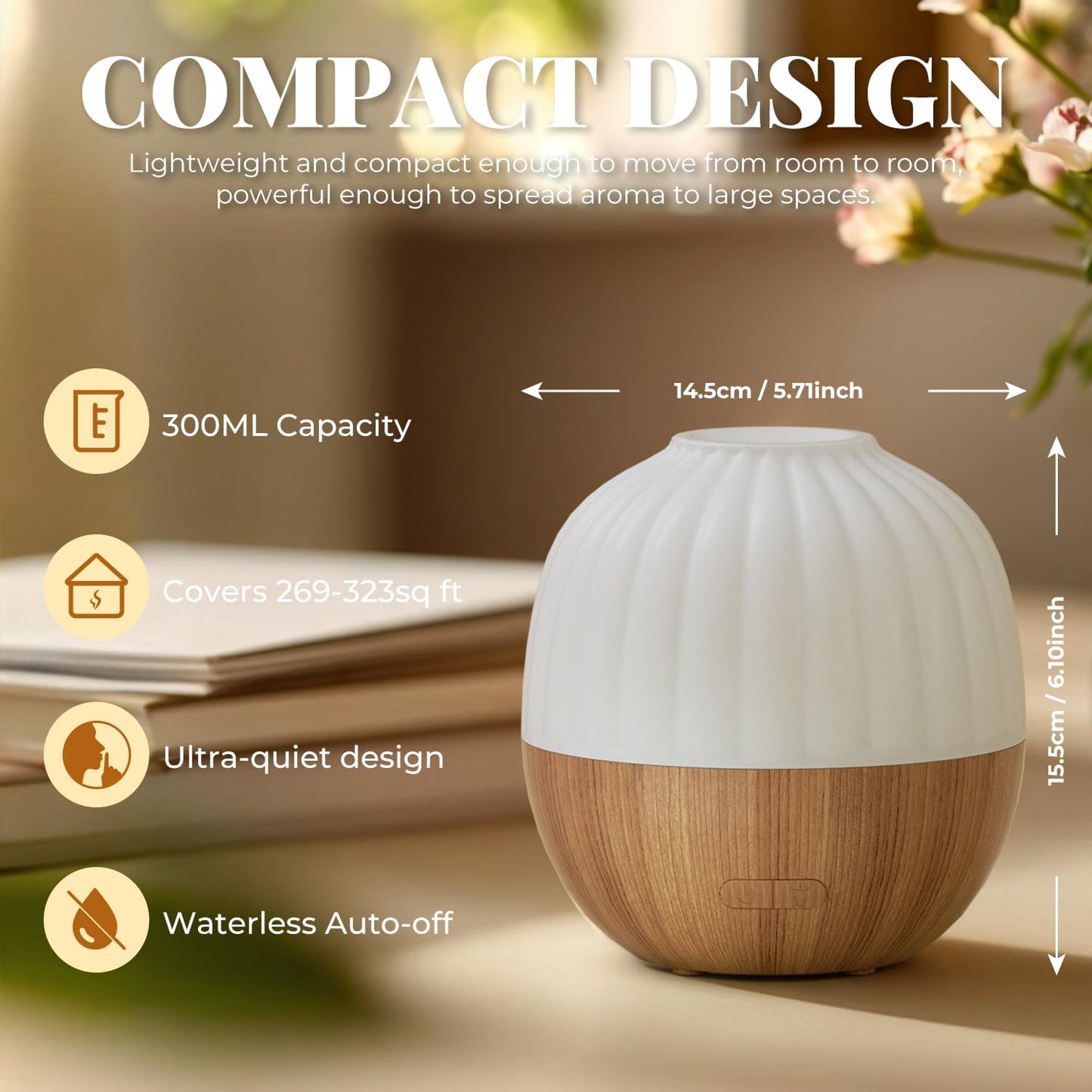 Aroma Diffuser Ultraschall mit Abschaltautomatik, Weiß Holzmaserung 300ml