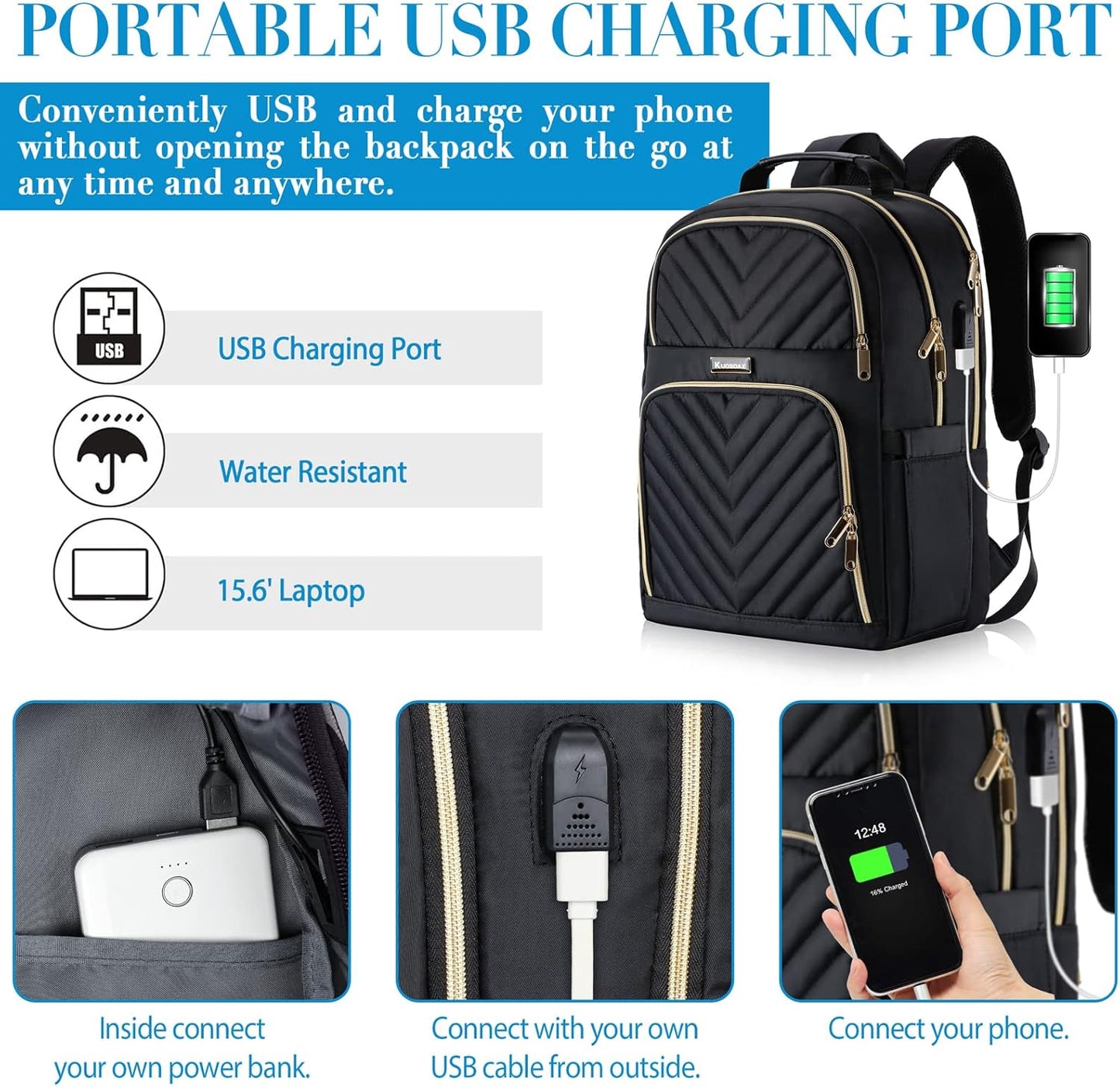 Stylischer Schulrucksack mit USB-Port, 15.6" Schwarz