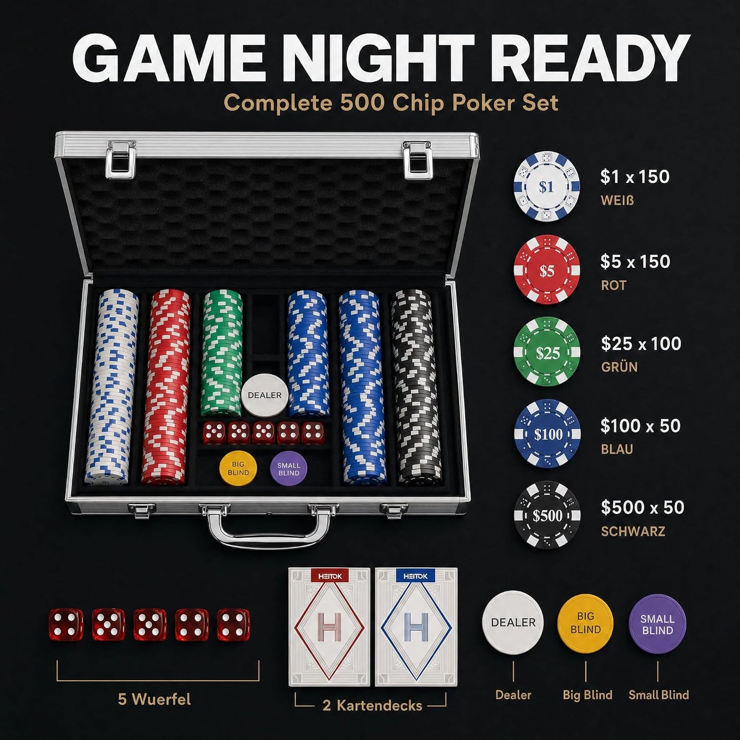 Pokerkoffer für 10 Spieler, 500 Chips mit Zahlen