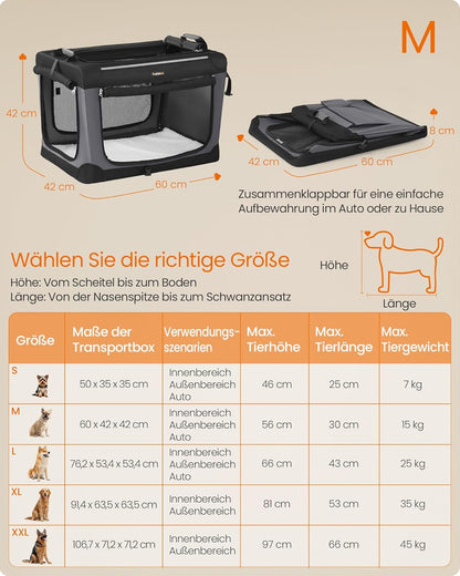 Faltbare Hundetransportbox mit 4 Türen, Griffen und Taschen, PDC016B01, M (60 x 42 x 42 cm)