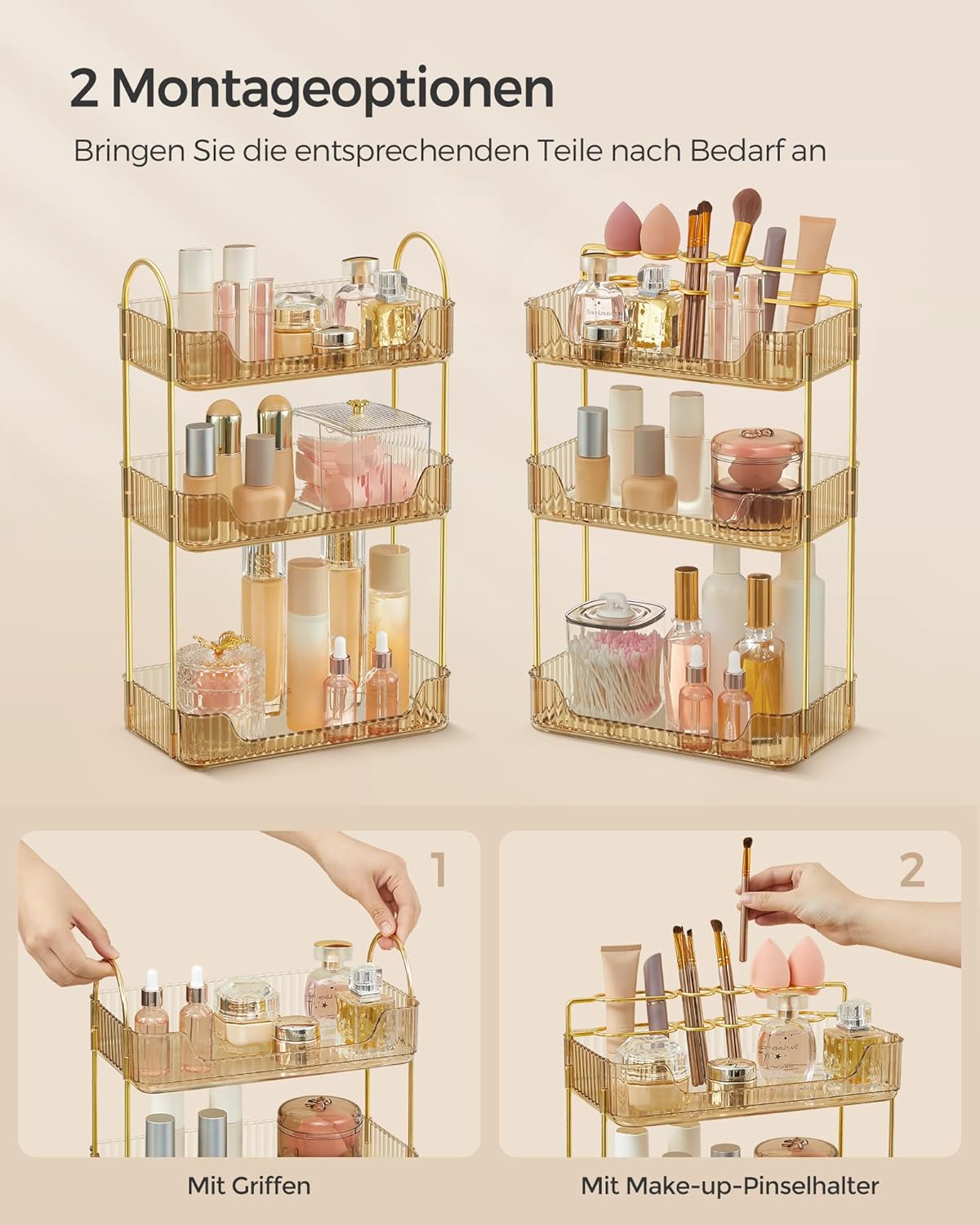 Make-up Organizer mit 3 Ebenen, Champagnergold