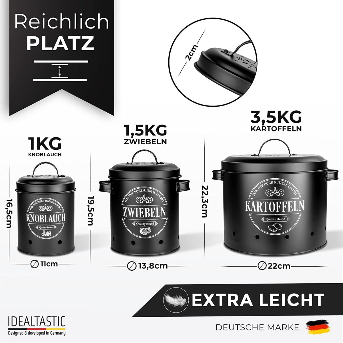Aufbewahrungsbox, Kartoffel, Zwiebel & Knoblauch Set Schwarz