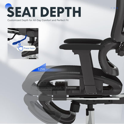 Ergonomischer Bürostuhl mit Fussstütze, 3D-Funktionen, Schwarz(mit Fussstütze) Lite