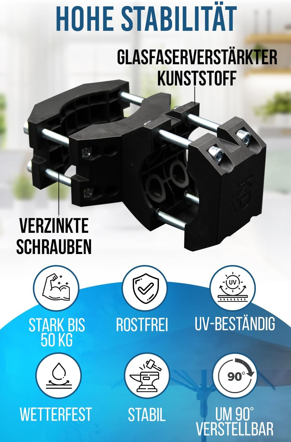 Sonnenschirmhalter für Balkon und Geländer, Schwarz