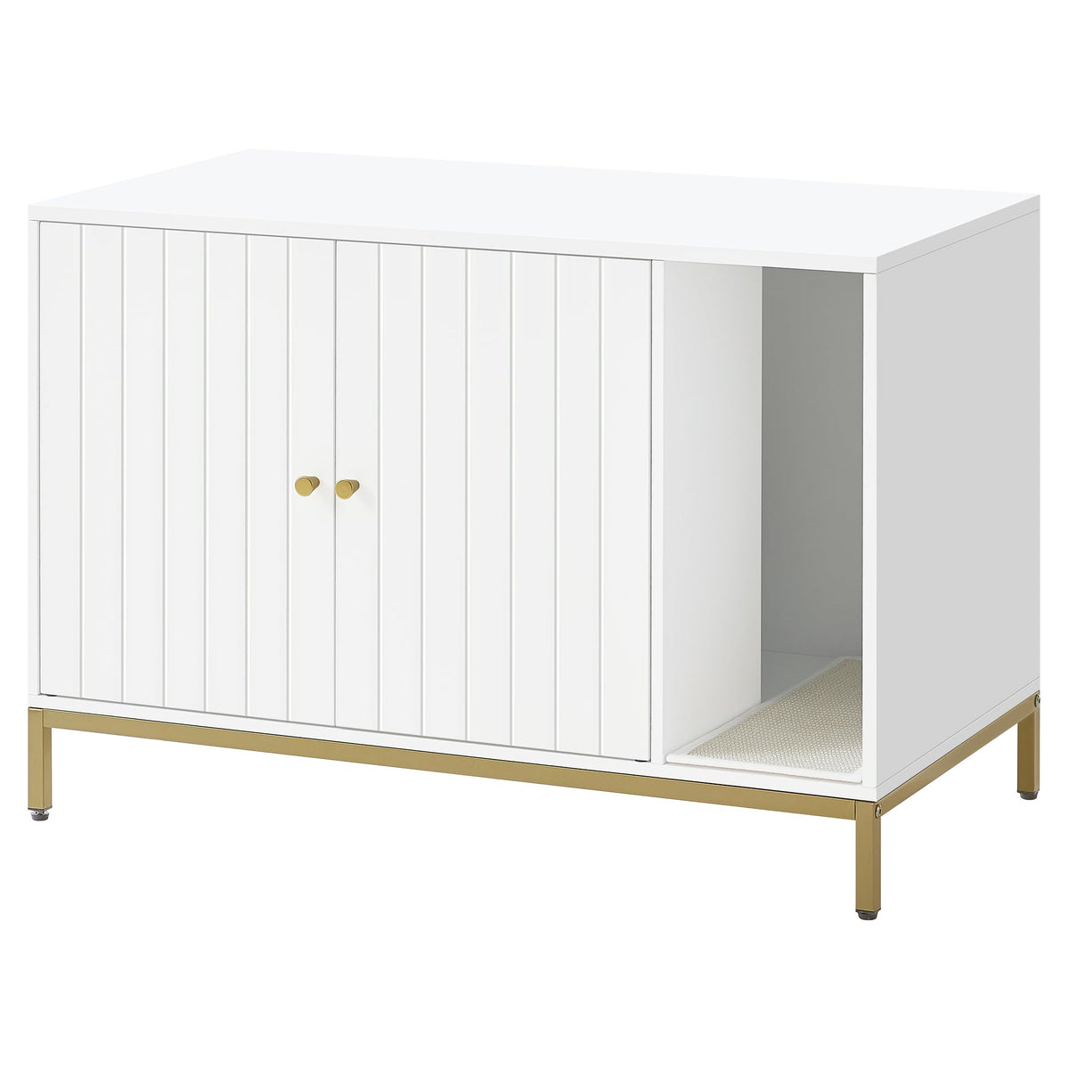 Katzenklo-Schrank PCL027W01 mit Kratzmatte und hohen Beinen, 90 x 48 x 61.5 cm Weiss + Goldfarben