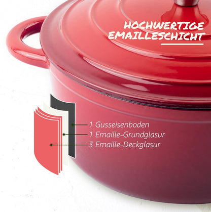 Schmortopf Gusseisen mit Deckel 26cm - Emaille Bräter, 26CM Rot