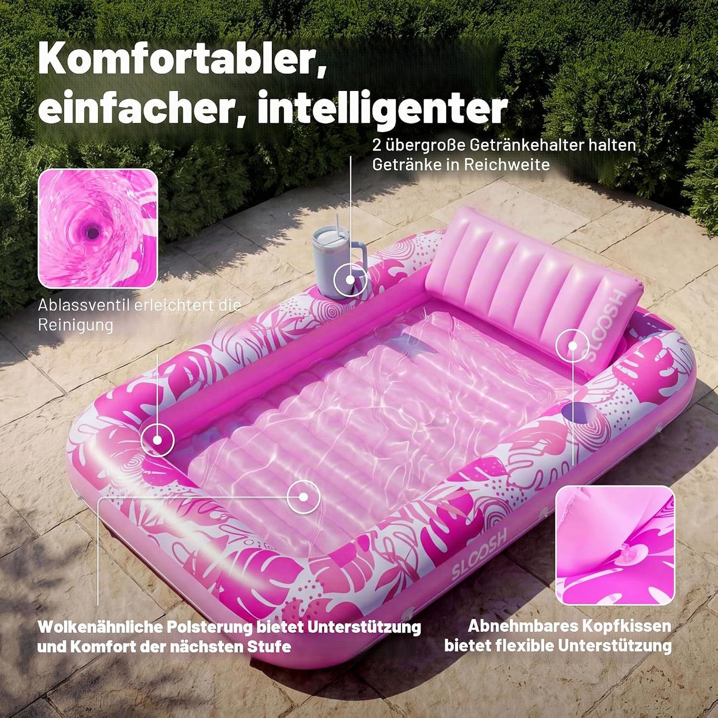 Aufblasbarer 4-in-1 Sonnenliegepool mit Kissen und Getränkehalter, Rosa XL