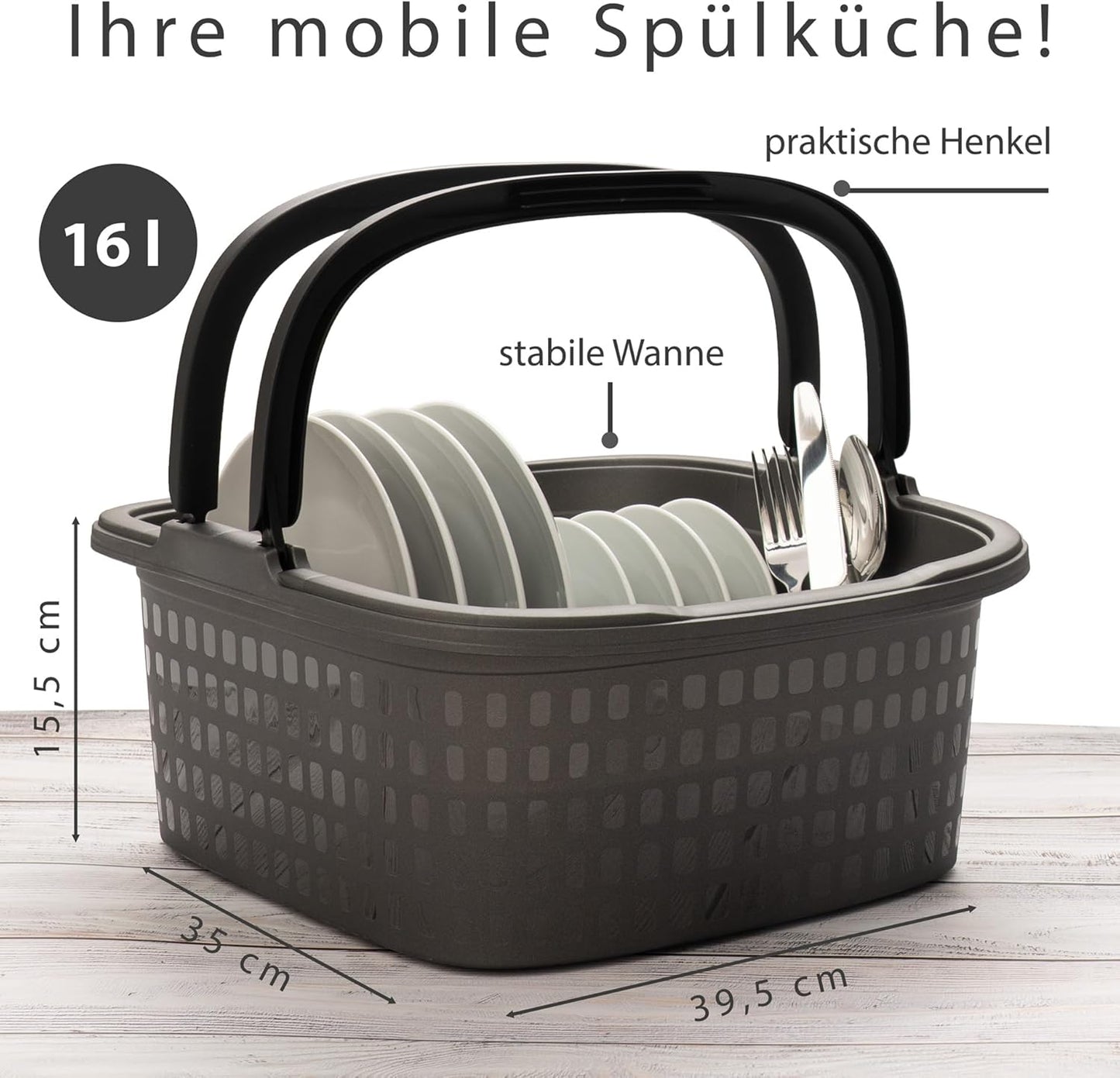 Camping-Spülschüssel mit Abtropfgestell, Anthrazit Schwarz Weiss Wanne 16L + Abtropfgestell