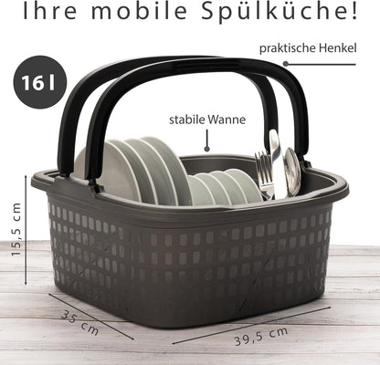 Camping-Spülschüssel mit Abtropfgestell, Anthrazit Schwarz Weiss Wanne 16L + Abtropfgestell