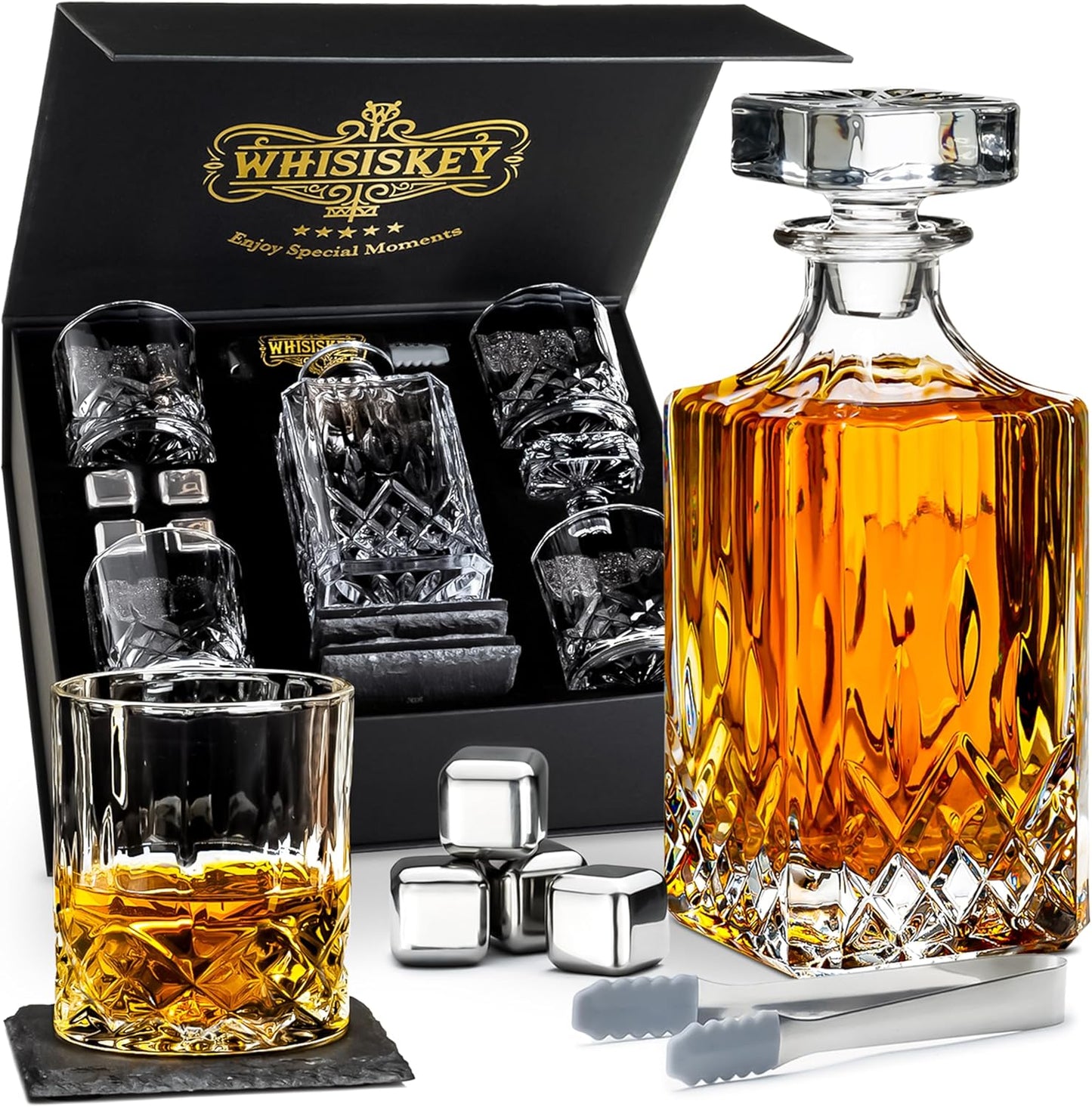 Whiskey Karaffe Geschenkset mit Gläser & Steinen, 4 Gläser