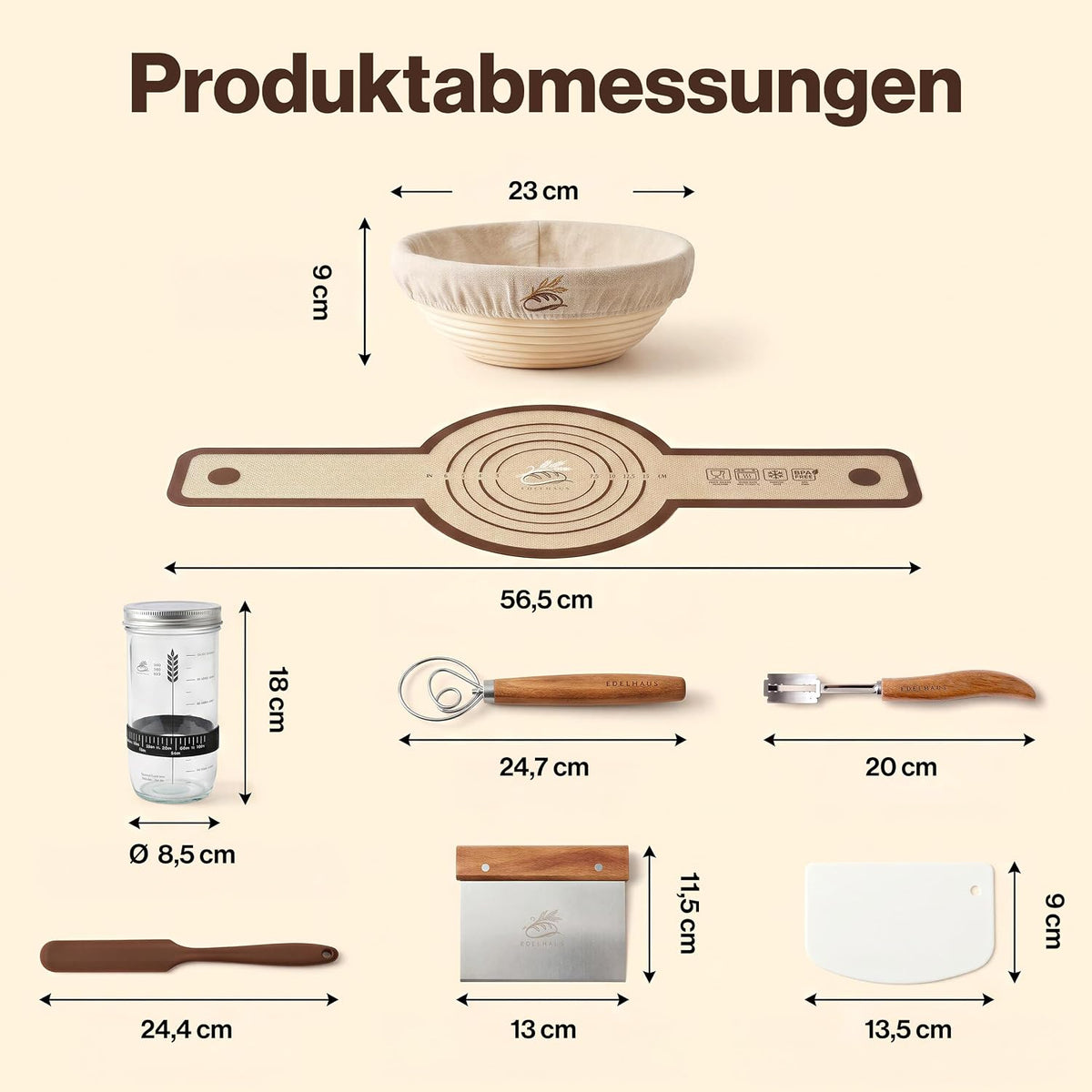 7-teiliges Sauerteig-Starter-Set mit Gärkörbchen, Gärkörbchen Set Rund