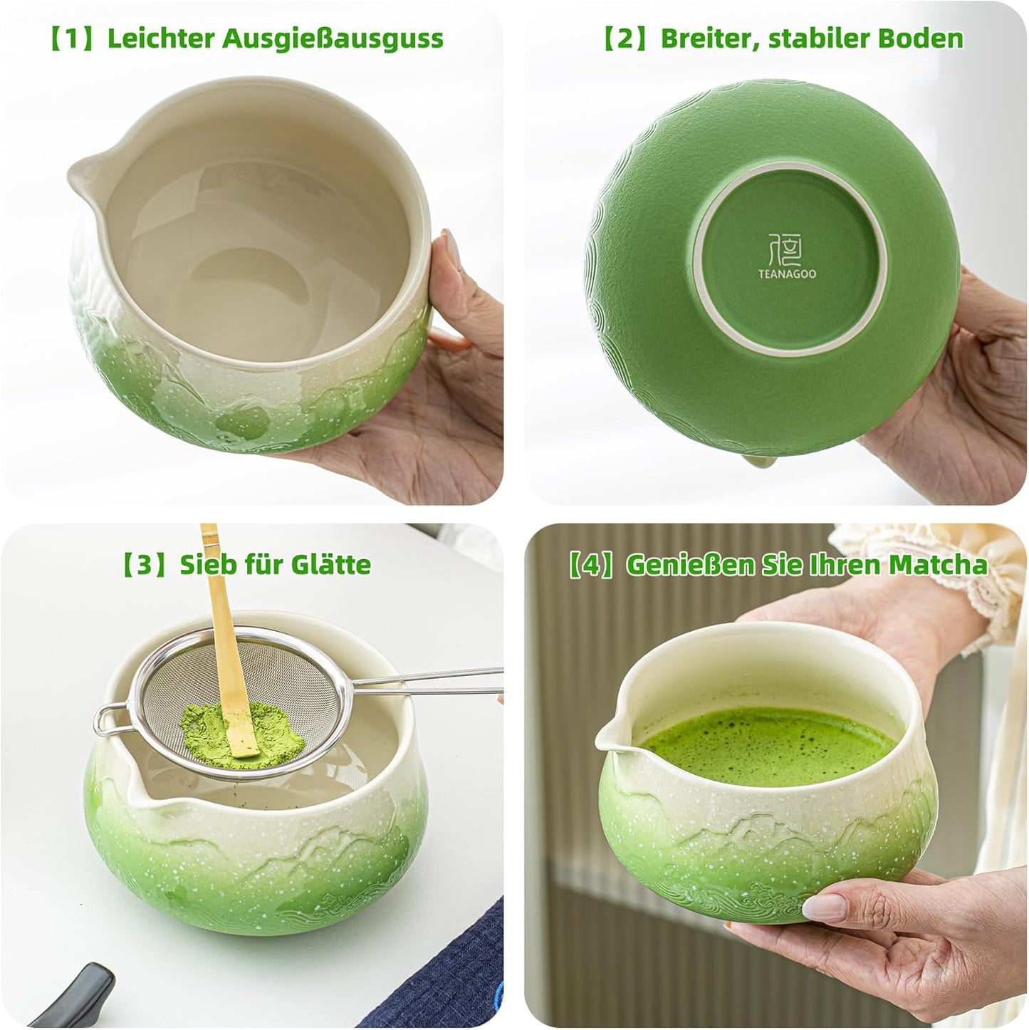 7-teiliges Matcha Tee-Set, 7Stück/Set, Schüssel mit Ausgießer Farbverlauf Grün