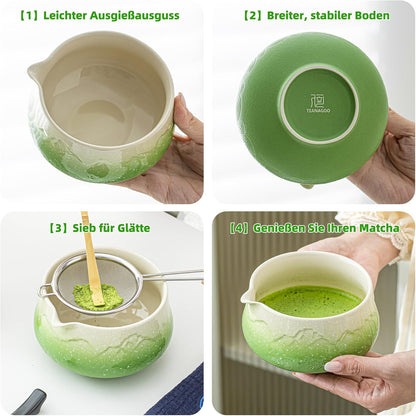 7-teiliges Matcha Tee-Set, 7Stück/Set, Schüssel mit Ausgießer Farbverlauf Grün