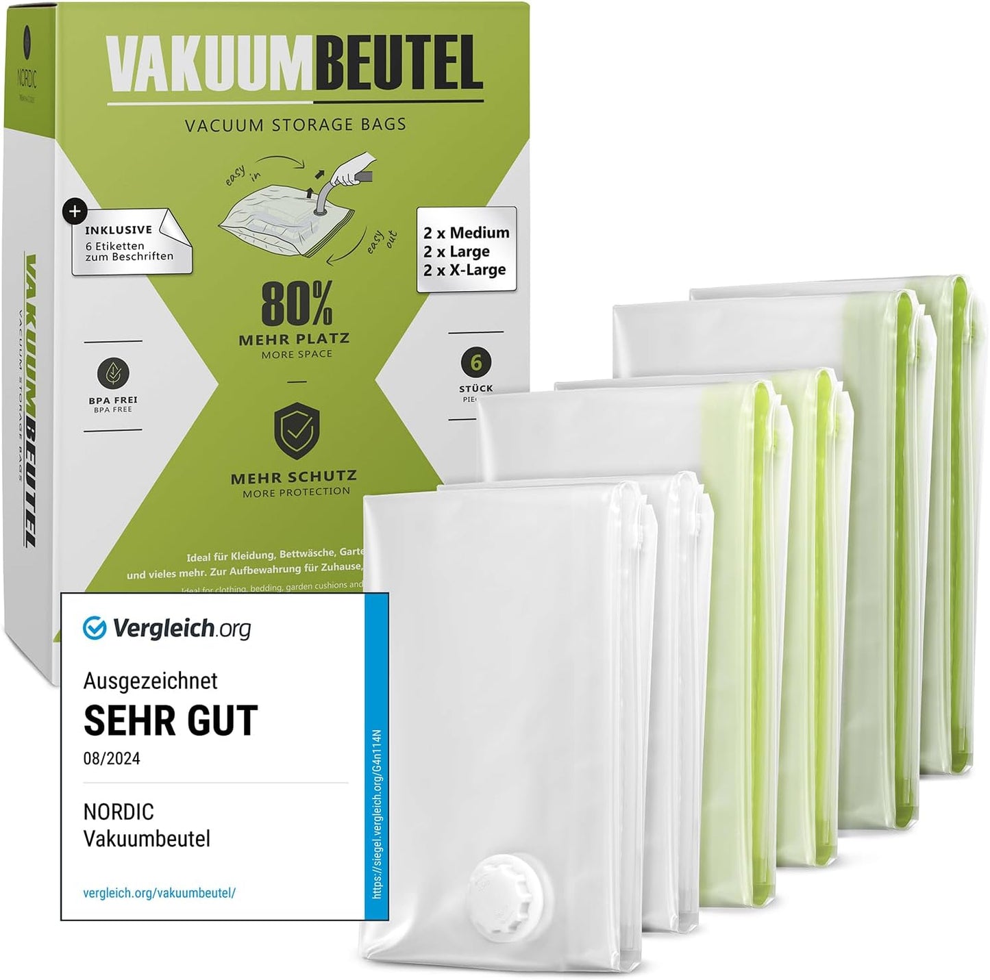 6-teiliges Vakuumbeutel-Set in 3 Grössen, 6x - 2 Medium, 2 Large, 2 X-Large