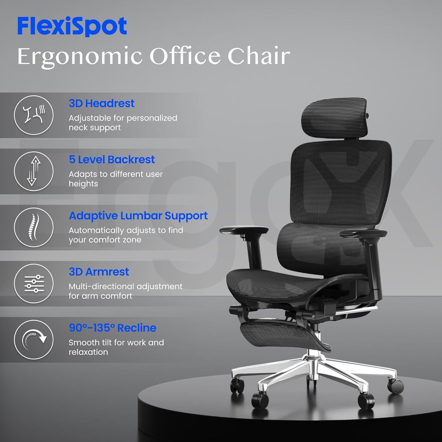 Ergonomischer Bürostuhl mit Fussstütze, 3D-Funktionen, Schwarz(mit Fussstütze) Lite