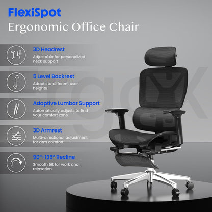 Ergonomischer Bürostuhl mit Fussstütze, 3D-Funktionen, Schwarz(mit Fussstütze) Lite