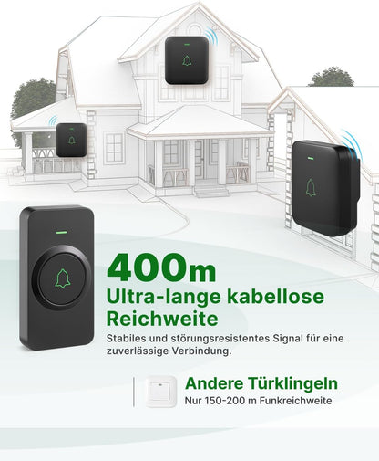 Funkklingel-Set mit 2 Empfängern, 52 Melodien, 2 receivers + 1 push Schwarz