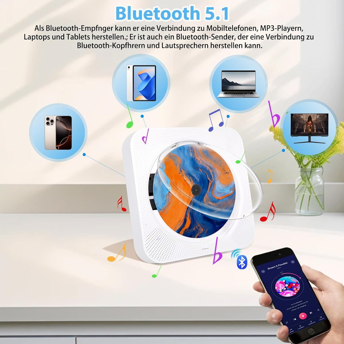 Tragbarer Bluetooth-CD-Player mit HiFi-Lautsprechern, Weiß
