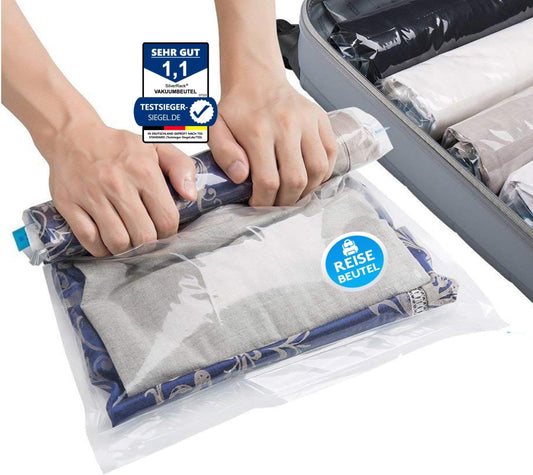 Vakuumbeutel-Set für Reisen (12 Stück) in 3 Grössen, 4x Medium + 4x Large + 4x XL (zum Rollen)