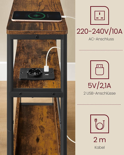 Schmaler Beistelltisch mit Ladefunktion und Ablagen, Vintagebraun + Tintenschwarz
