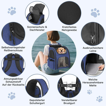 Hunderucksack bis 10kg mit Netzfenster, Blau