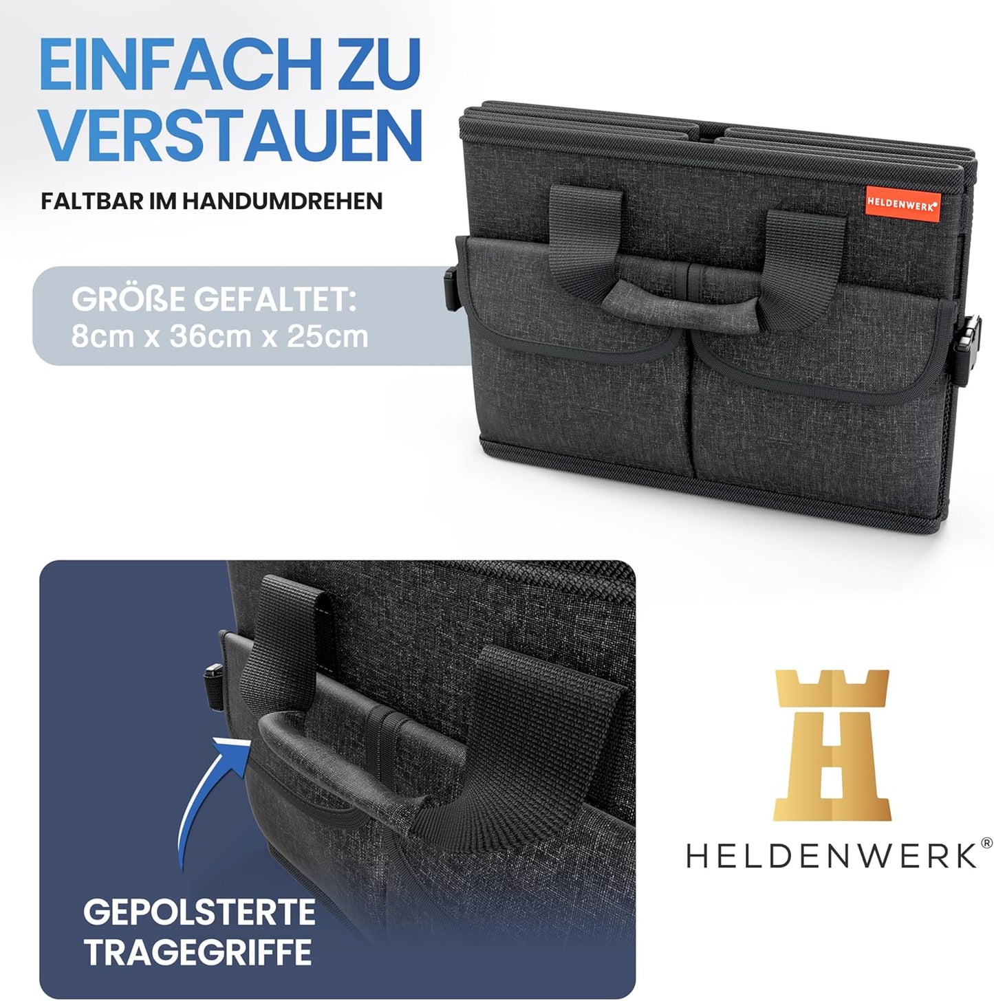 Faltbarer Kofferraum-Organizer mit Deckel, Schwarz mit Schwarzem Saum