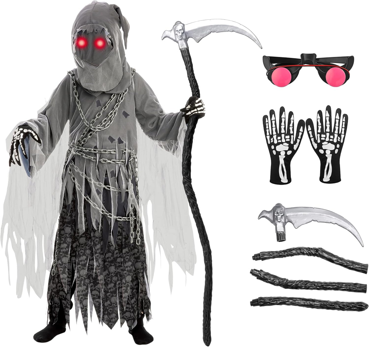 Soul Taker Sensenmann-Kostüm mit leuchtenden Augen, Large (10 - 12 Jahre)