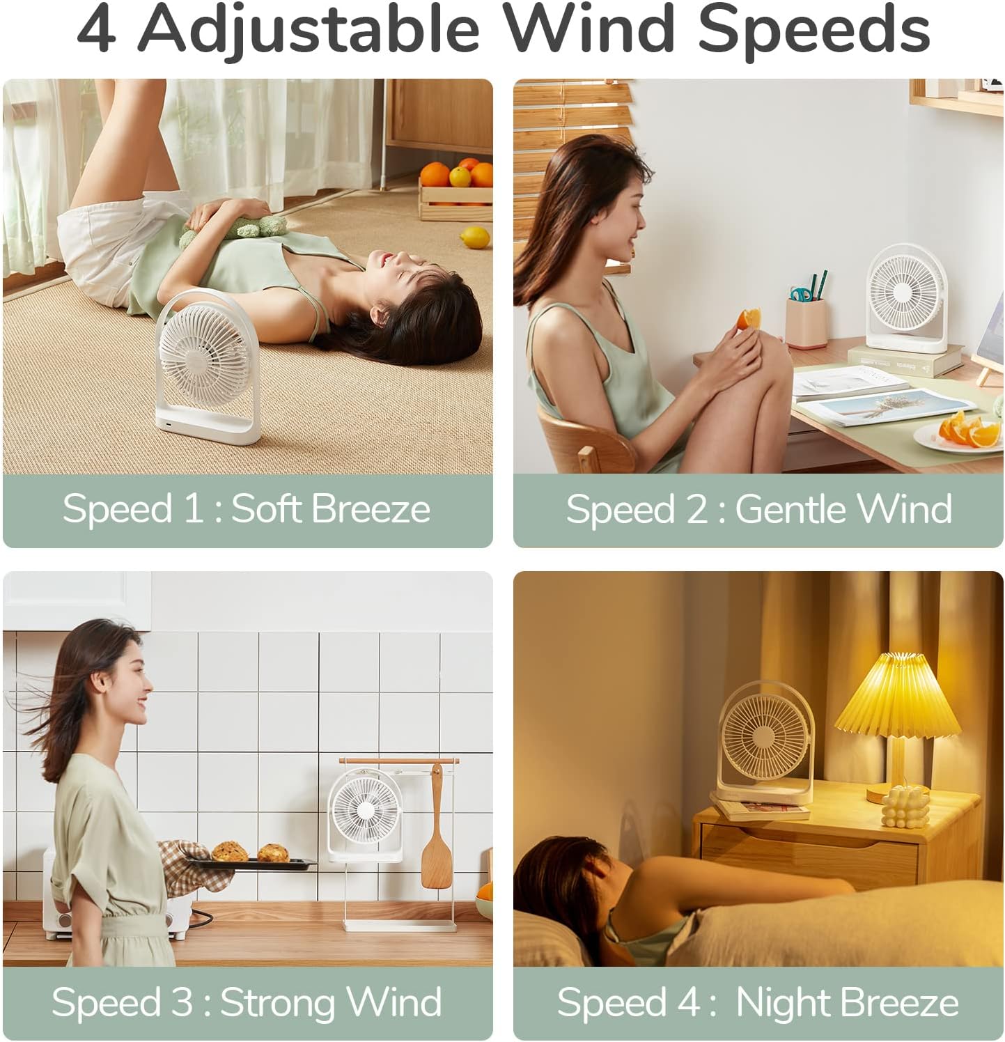 Tischventilator FA19 USB, leise, wiederaufladbar, 4 Modi, Weiss