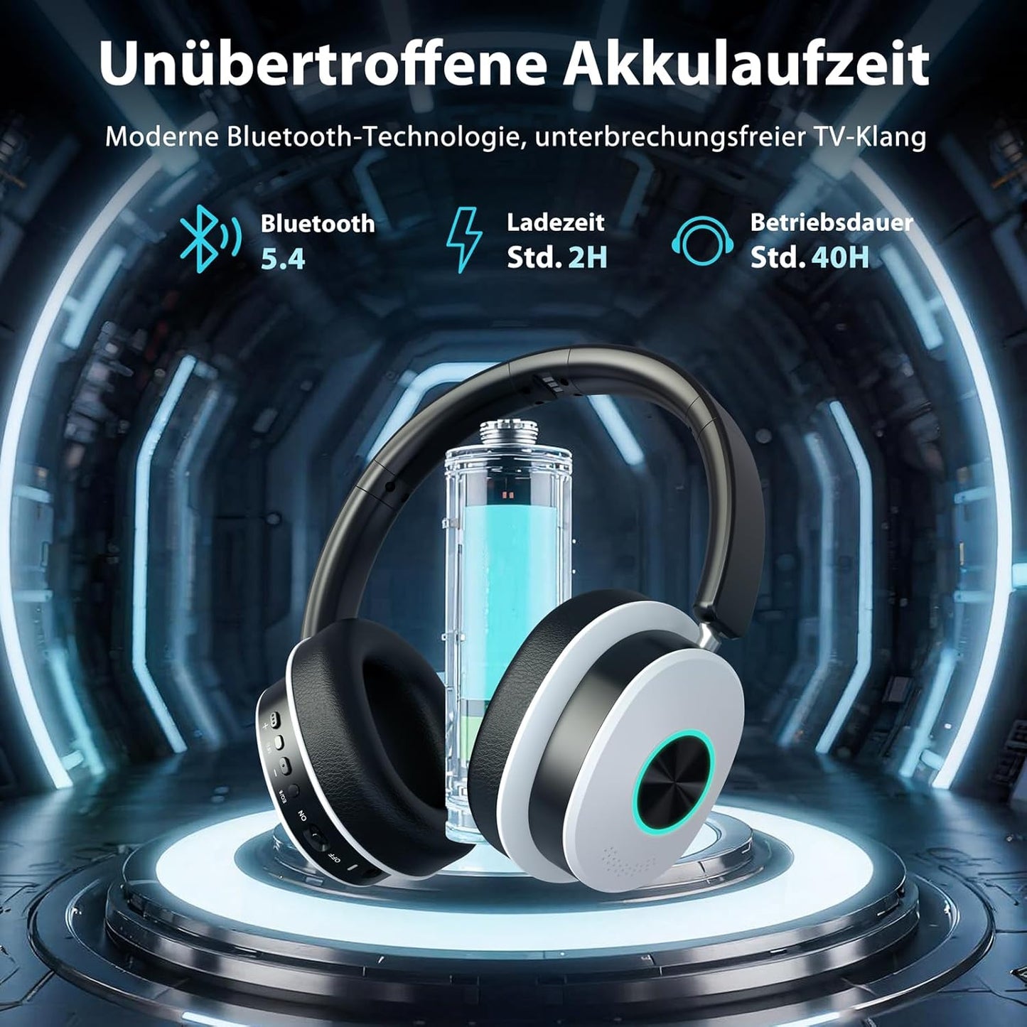 Kabellose TV-Kopfhörer mit Sender-Ladestation, Schwarz & Weiss