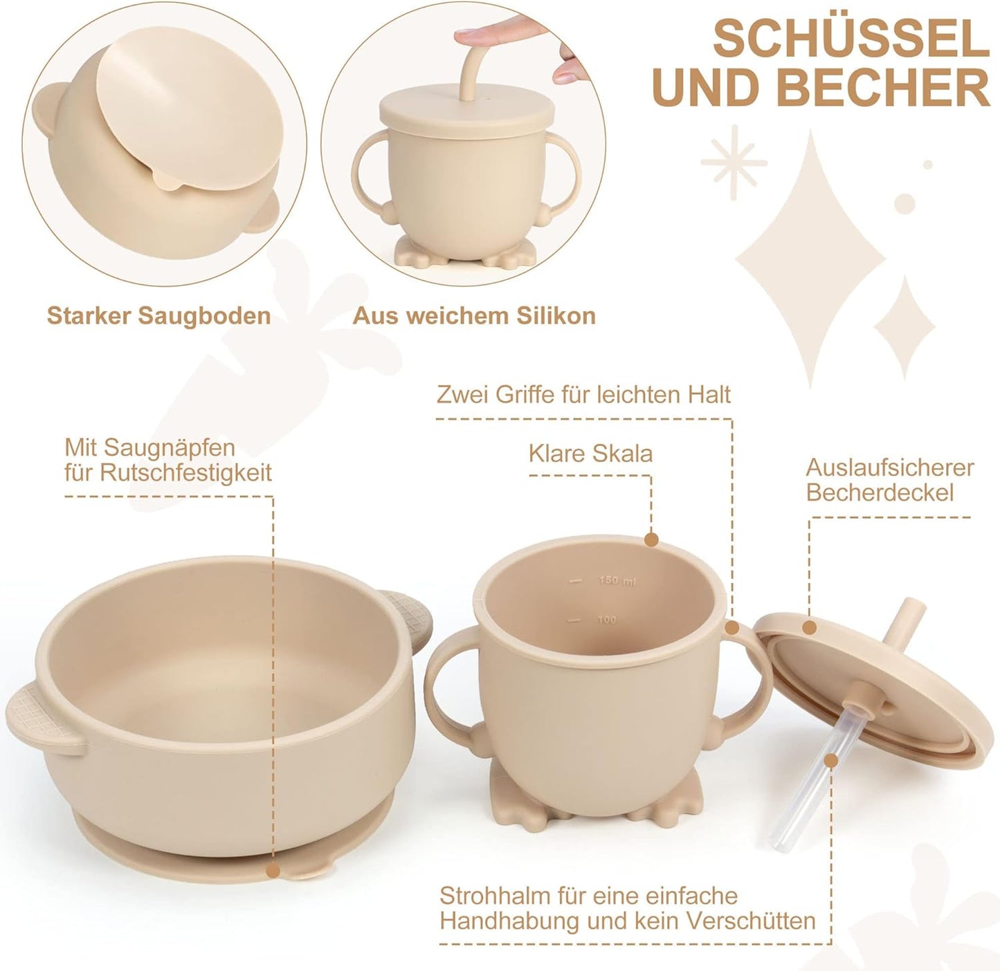7-teiliges Baby-Geschirrset mit Saugnapf, Beige