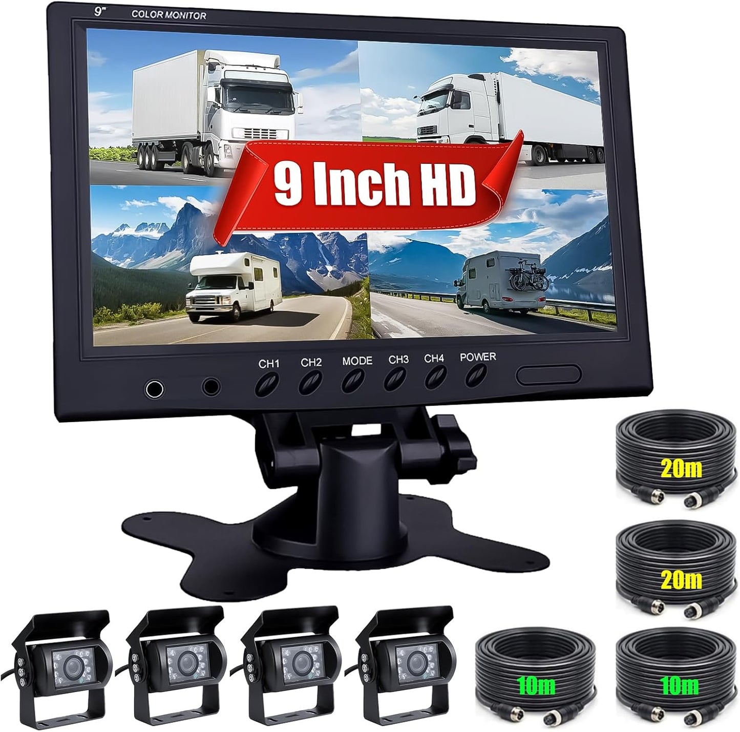 Rückfahrkamera-Set mit 9 Zoll Monitor (4 Kameras), 9 Zoll + 4 Kameras