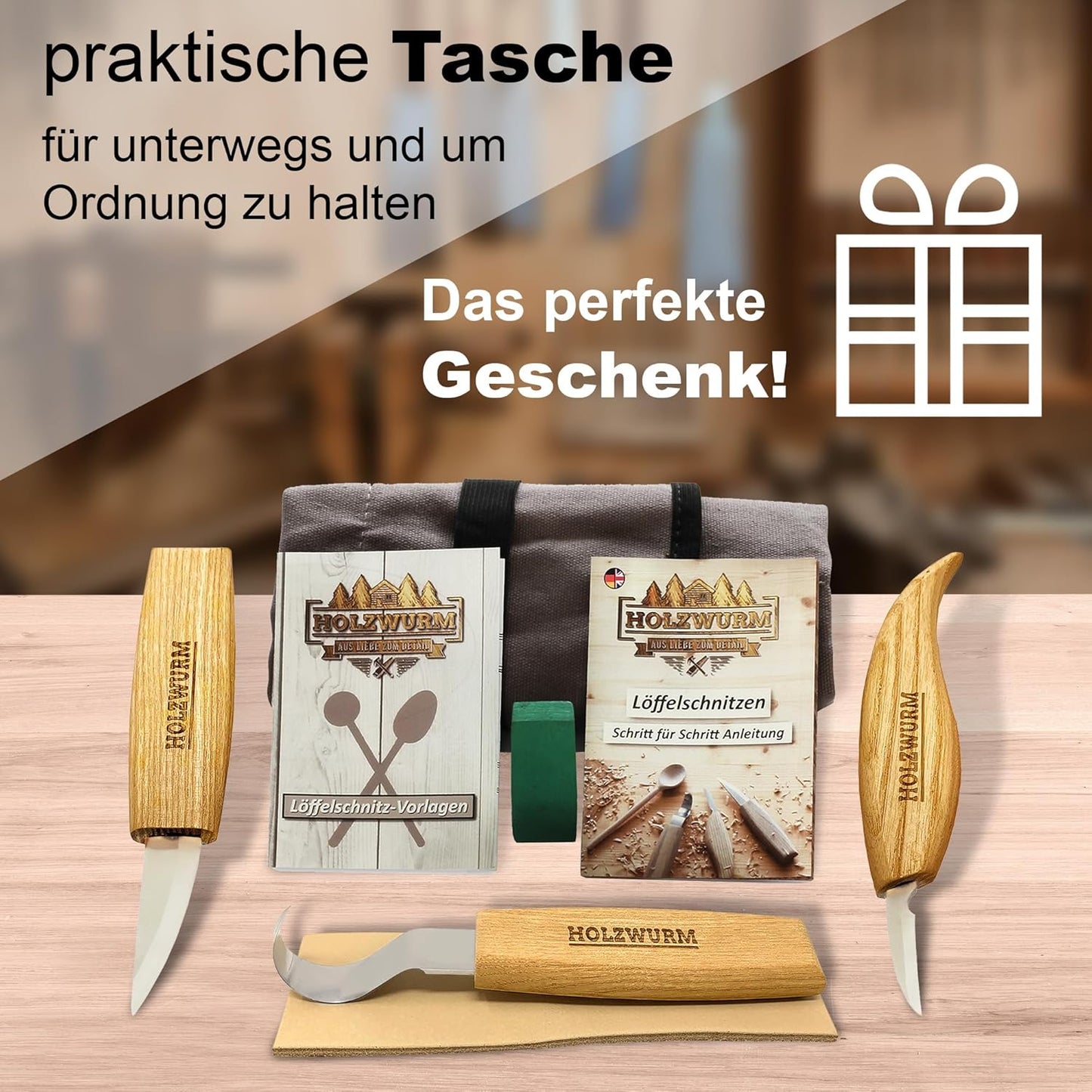 Schnitzmesser-Set mit Tasche und Anleitung, Hell