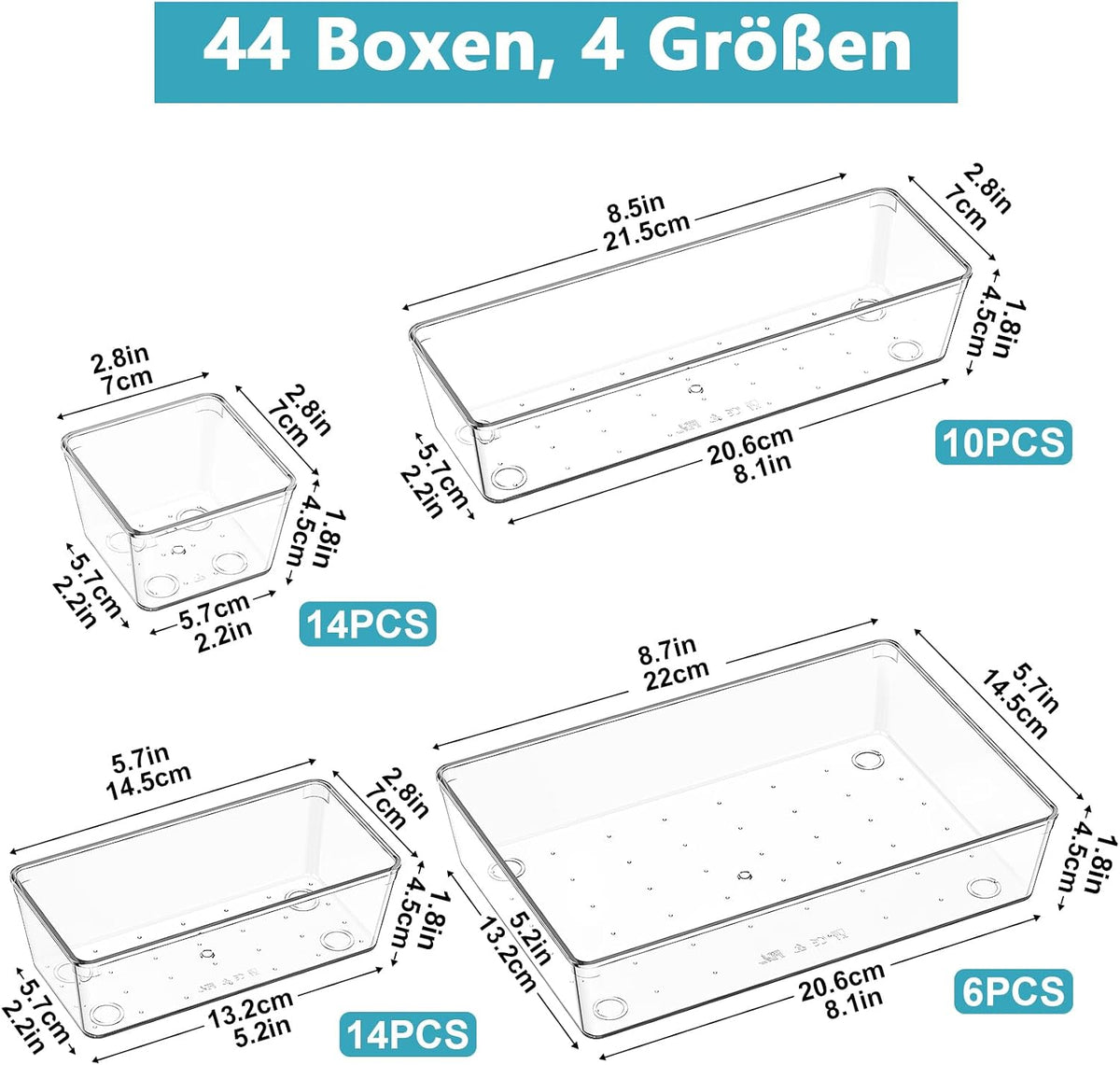 44-teiliges Schubladen-Organizer Set, Transparent 44 Pack