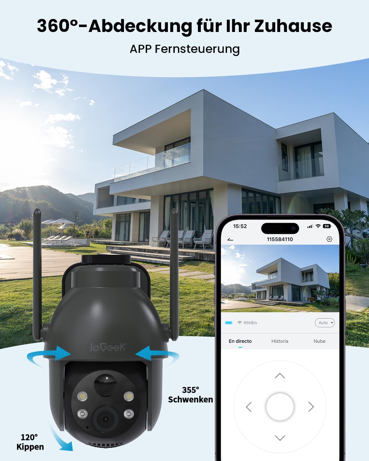 2K 360° PTZ Überwachungskamera mit Solarbetrieb, Bewegungsmelder, Farb-Nachtsicht, 2-Wege-Audio, Schwarze