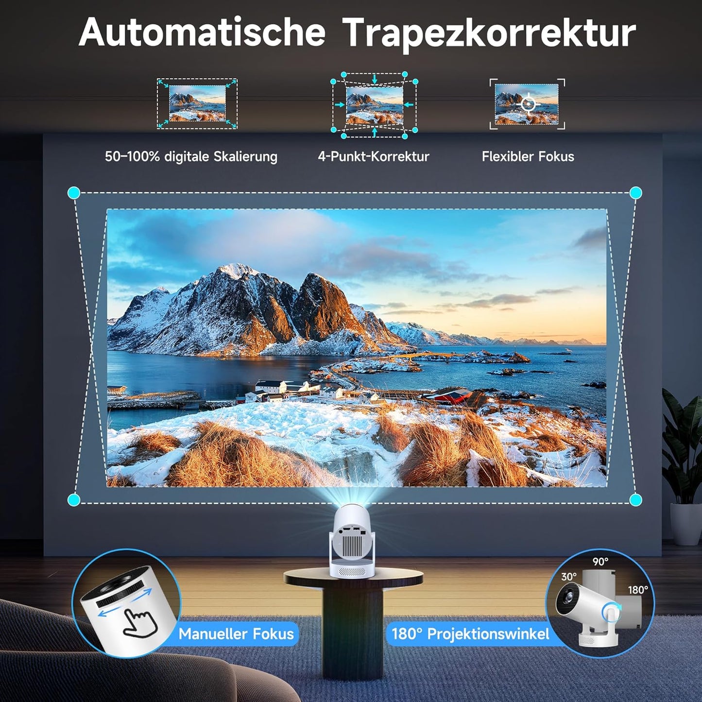 Smart Mini Beamer mit 4K/1080P Unterstützung, Grauweiss