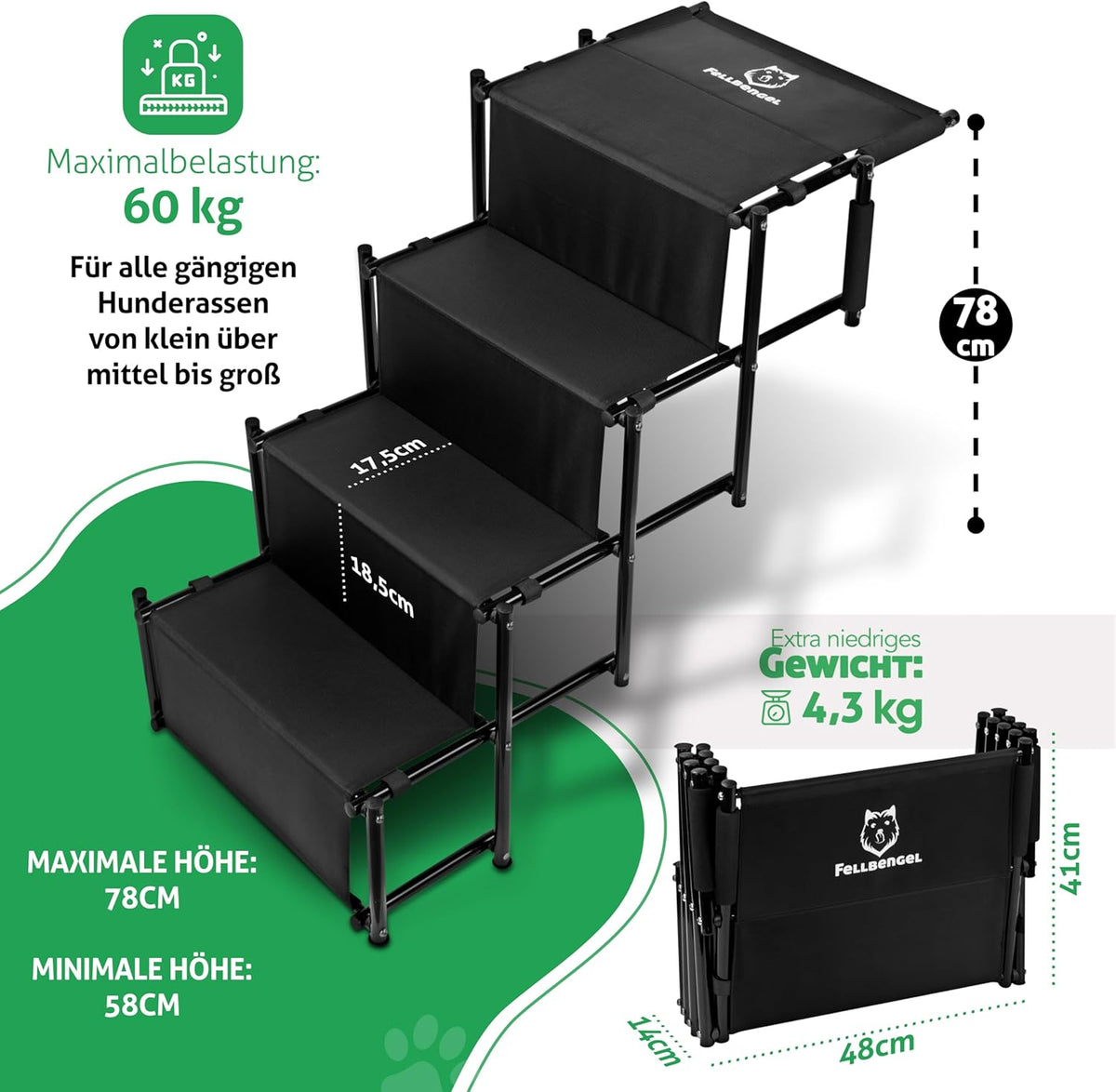Klappbare Hundetreppe, 4 Stufen Schwarz