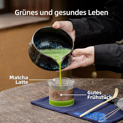 7-teiliges Matcha-Teeset mit Besen und Schale, 7pcs/set, Bowl with pouring spout Junware-blau +