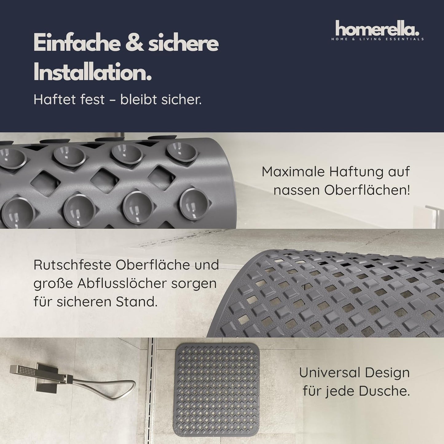 Rutschfeste Duschmatte 53x53cm, BPA-frei, maschinenwaschbar, Anthrazit