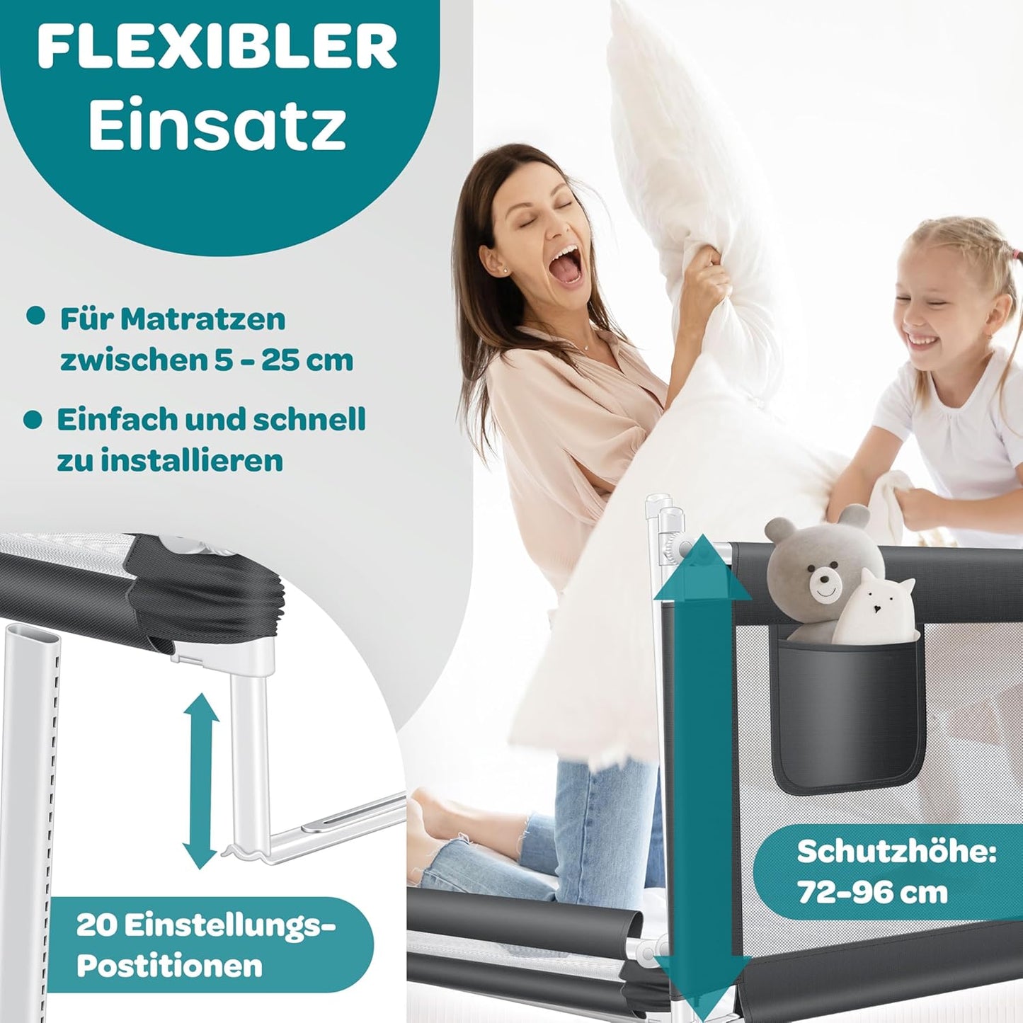 Bettschutzgitter Rausfallschutz für Babys (200 cm), Dunkelgrau 200cm
